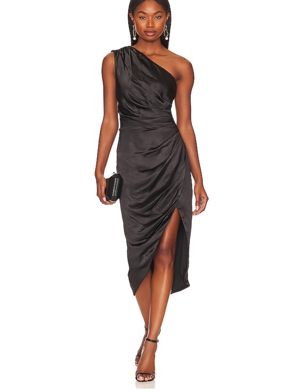 Elliatt One-Shoulder Black Satin Ruched Midi Dress